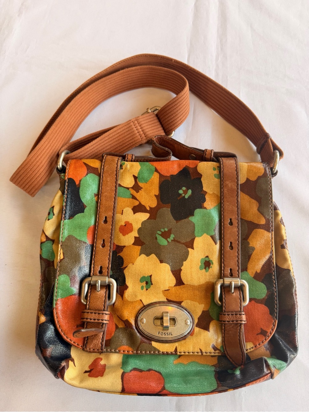 Vintage Fossil Key-Per Floral Crossbody Bag Satchel in Coated Canvas
